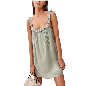 REFORMATION‎ Tucker Eyelet Ruffle Mini Dress Tunic SZ M Sage Green Feminine Boho